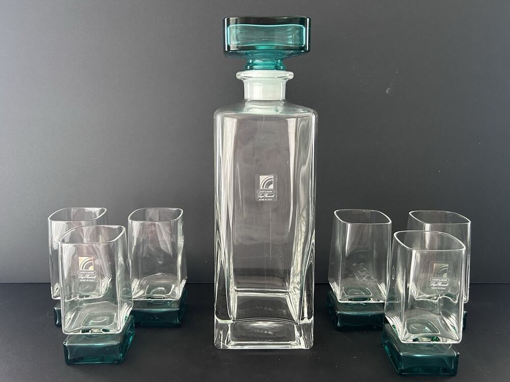 Vintage Luigi Bormioli Light And Music Monet Decanter 10x3 W/ 6 Glasses 3 3/4"